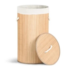 Panier a linge en bambou rond avec couvercle 58L