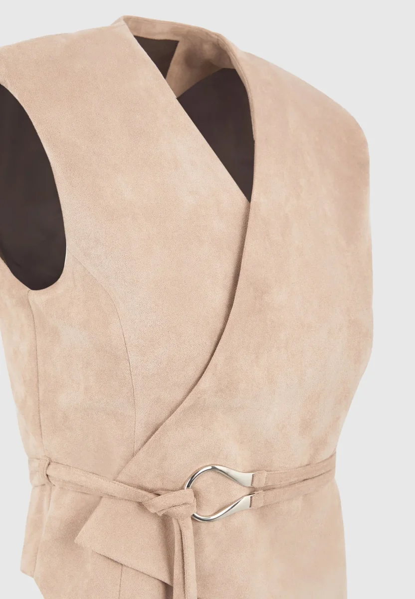 Jeanne - Suede Wrap Waistcoat with Belt - Beige – Image 8