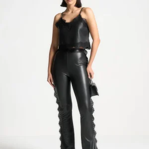 Lace Trim Leather Fit and Flare Leggings - Black