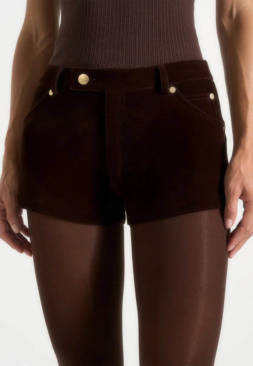 Samia - Velvet Patent Mini Shorts - Brown – Image 4