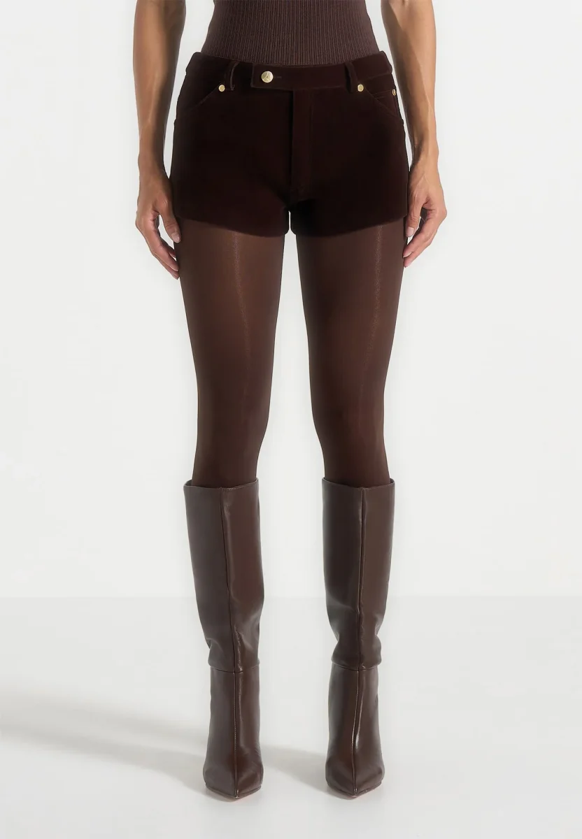 Samia - Velvet Patent Mini Shorts - Brown – Image 2
