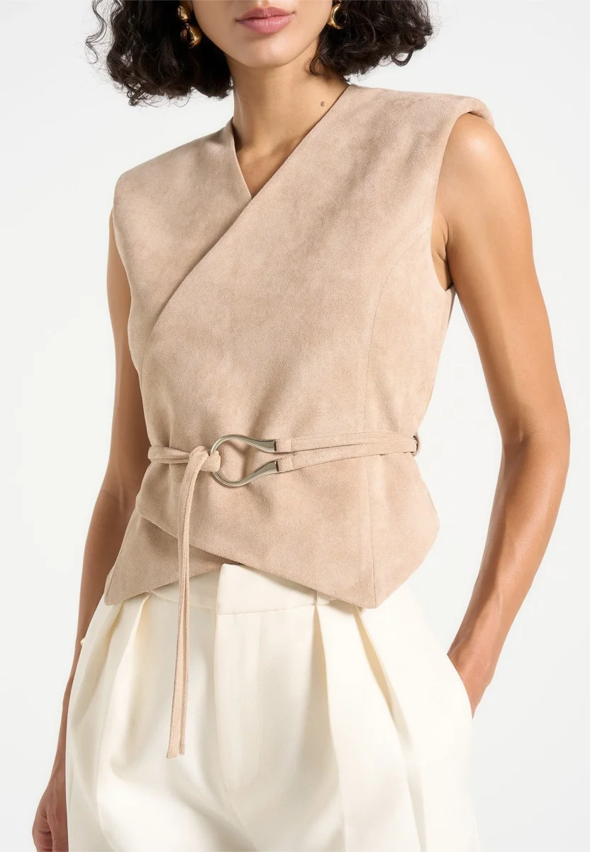 Jeanne - Suede Wrap Waistcoat with Belt - Beige – Image 2