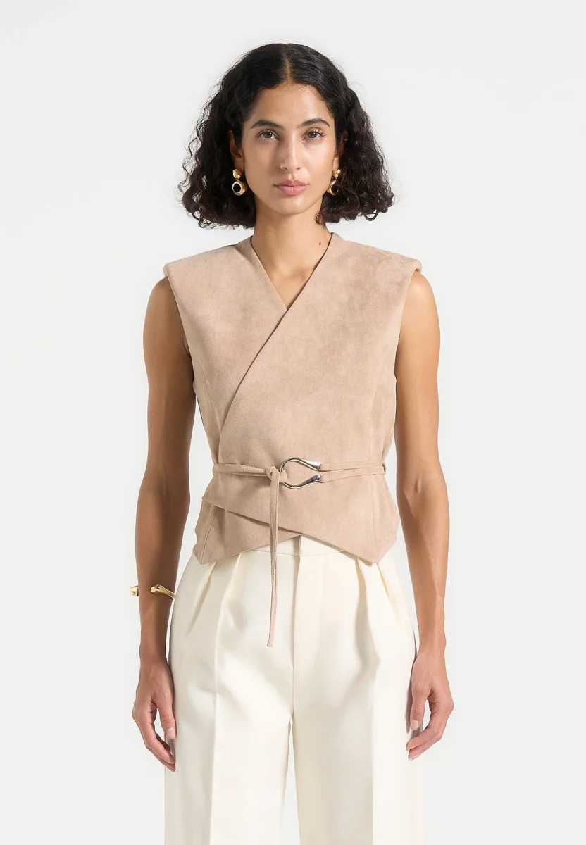 Jeanne - Suede Wrap Waistcoat with Belt - Beige – Image 6