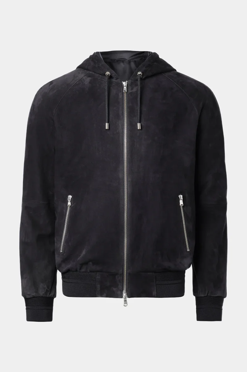 Blouson en peau à capuche zippé - Noir – Image 2
