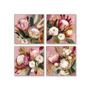Set de 4 Petites Toiles Bouquets Roses 42x42cm